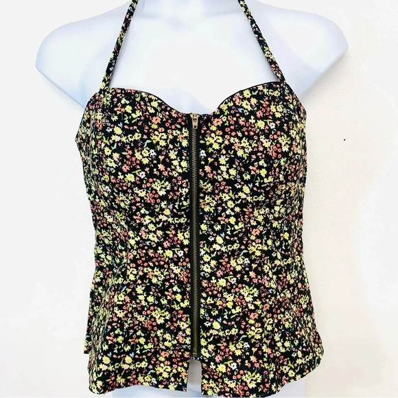 American Rag Halter Top  1X Floral Front Zip Smocked Back Pin Up Y2K Dainty New - Picture 1 of 11
